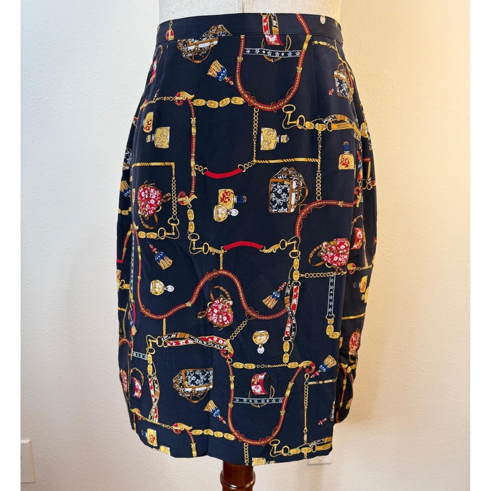 Petite Sophisticate Silk Skirt Size 6 Navy Blue Gold Chain Print Vintage - Picture 1 of 6